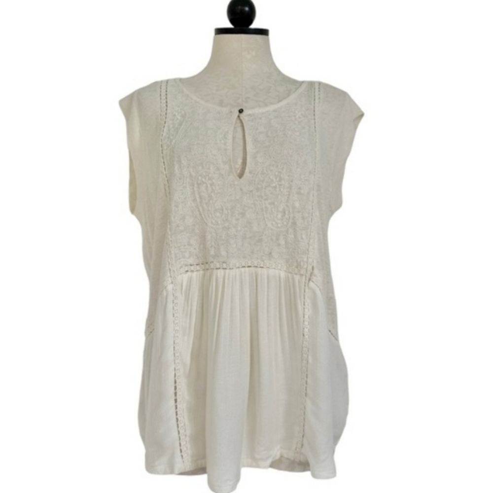 Lucky Brand Gauze Boho Top Sleeveless Embroidered Keyhole Cream Size Large